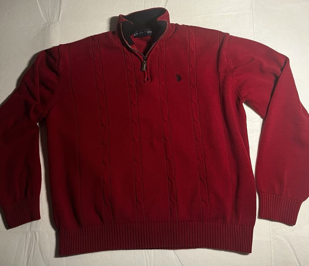 U.S. Polo Assn Men’s 2XL Red Cable Knit Quarter Zip Sweater Fleece Collar